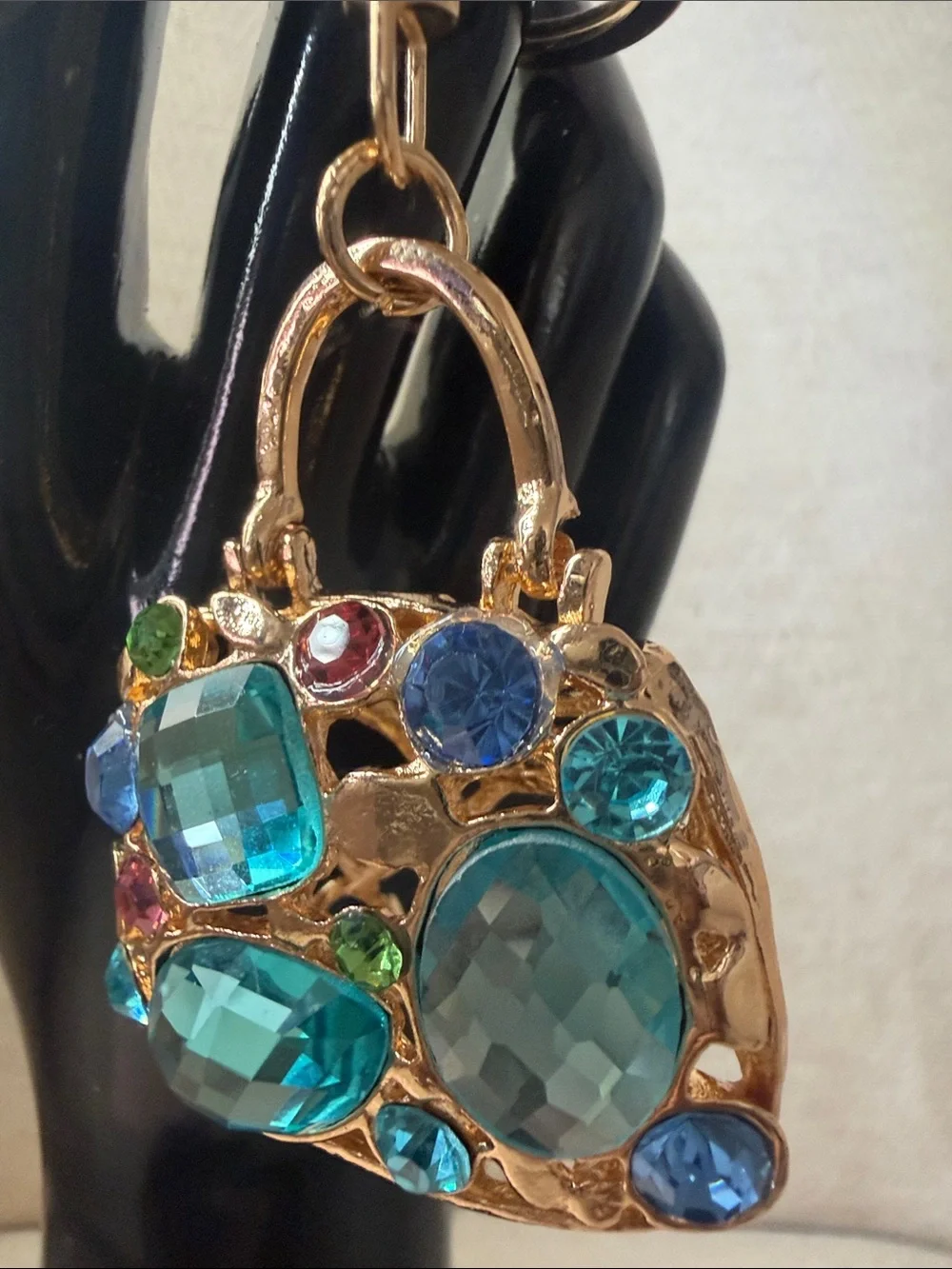 Gold-tone Jeweled Handbag Keychain with Blue & Teal Gems